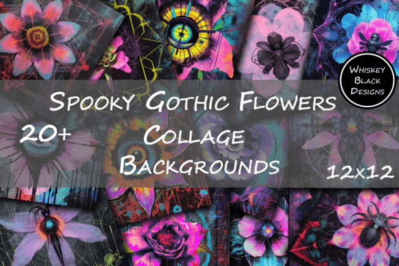 Neon Gothic Flowers Collage Backgrounds: Dark Botanical Design